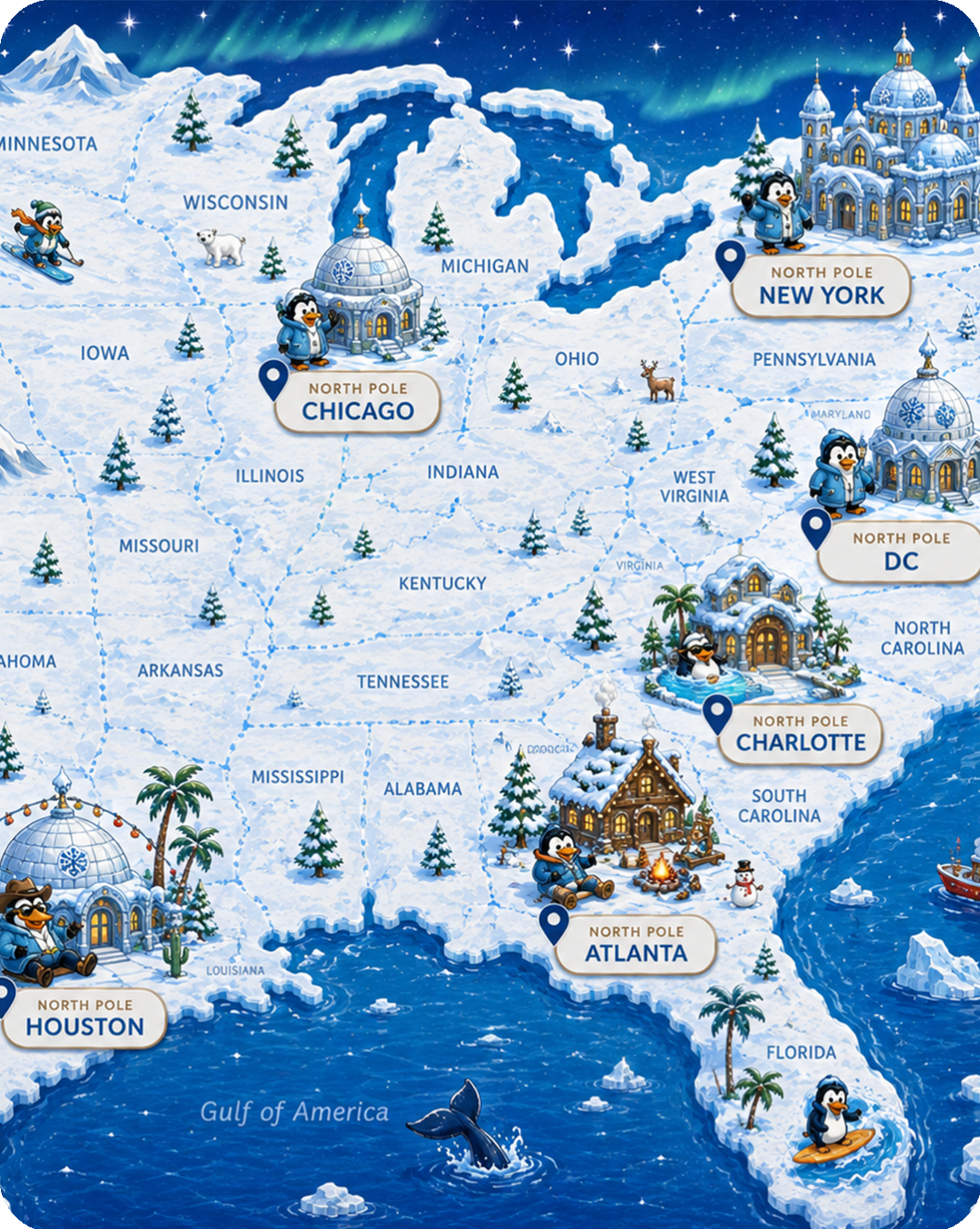 An illustrated frozen map of the United States showing the six Frosty Medspa studios