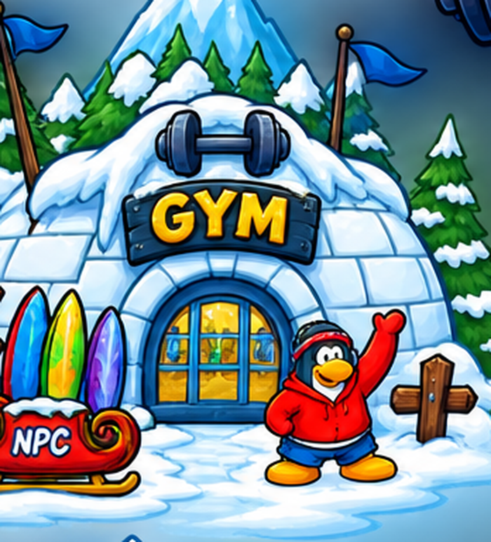 The North Pole Fitness Club igloo gym, a penguin waving at the door