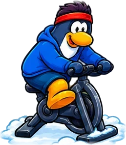 A penguin on an exercise bike
