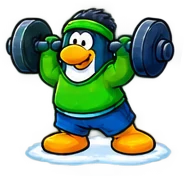 A penguin lifting a barbell